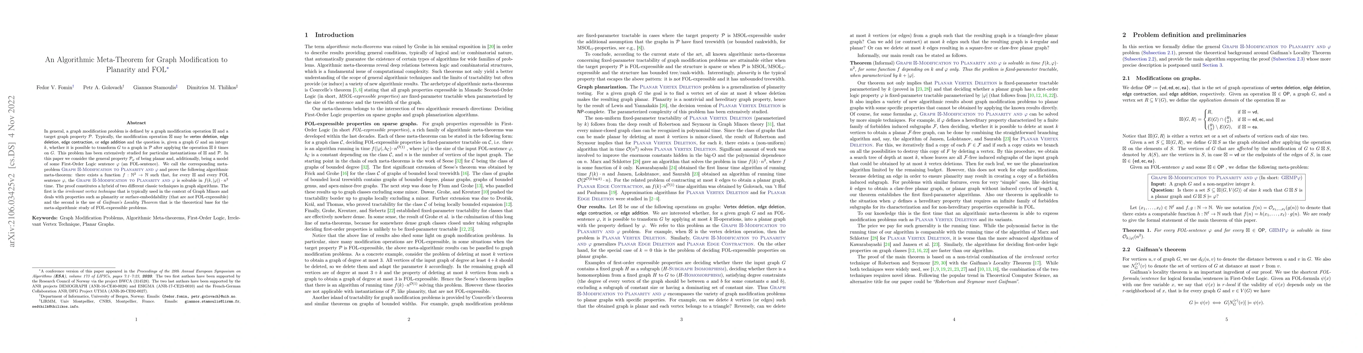 Thumbnail for An Algorithmic Meta-Theorem for Graph Modification to Planarity and FOL