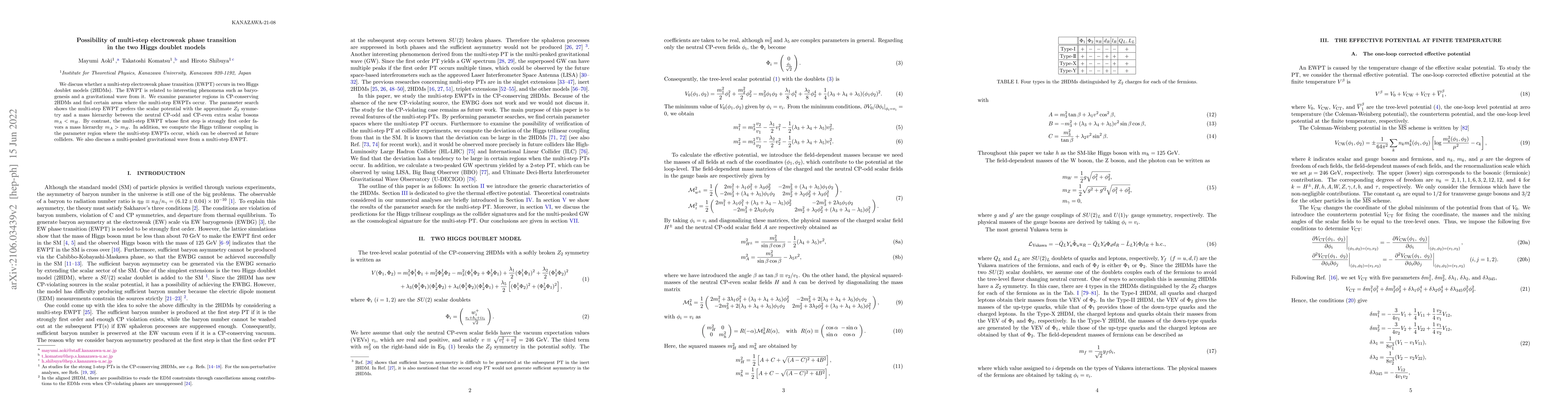 Thumbnail for Possibility of multi-step electroweak phase transition in the two Higgs
  doublet models