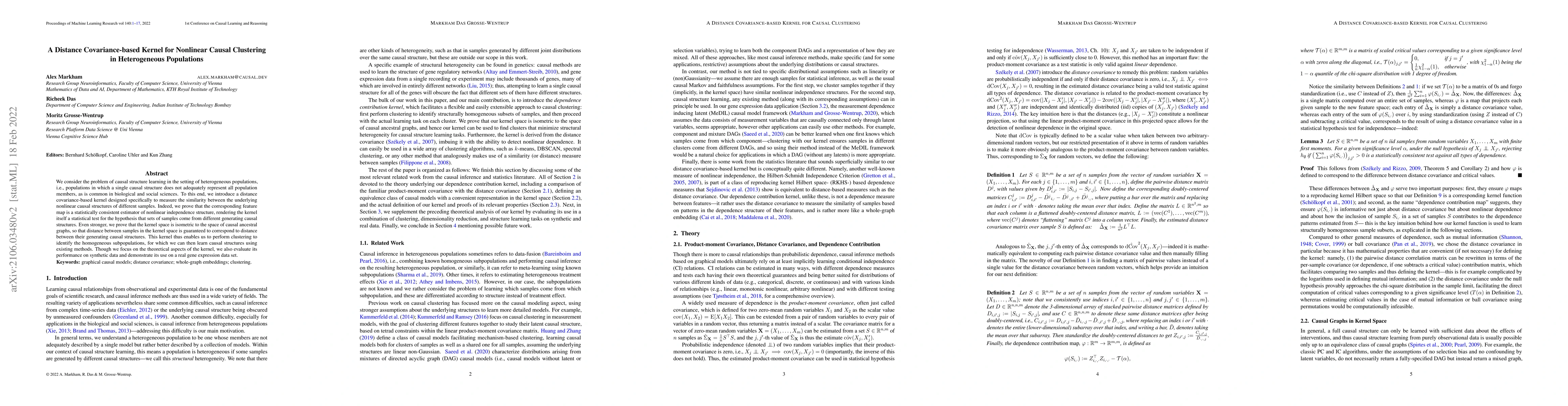 Thumbnail for A Distance Covariance-based Kernel for Nonlinear Causal Clustering in
  Heterogeneous Populations