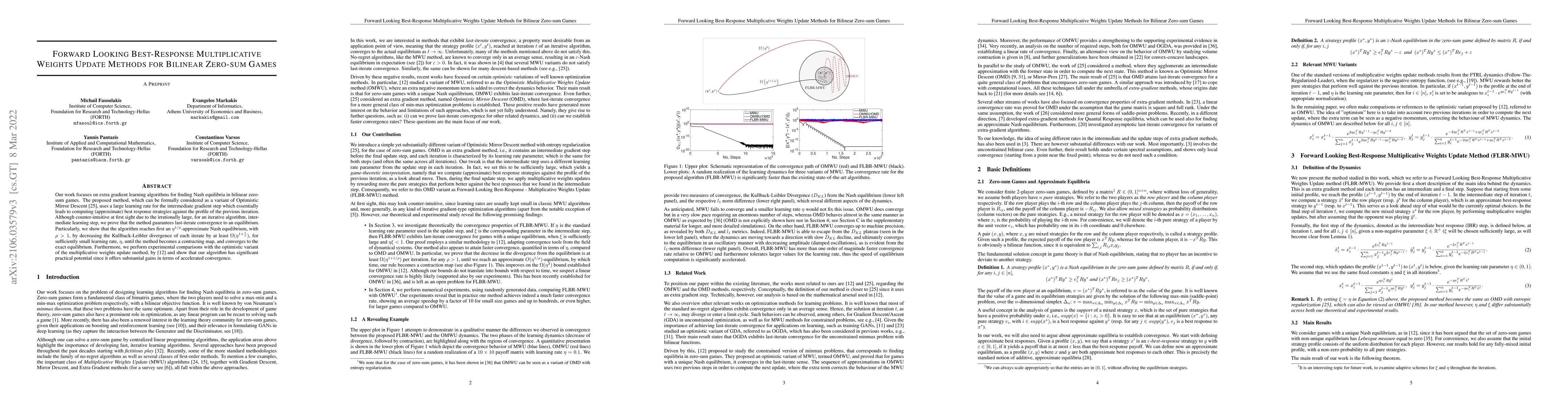 Thumbnail for Forward Looking Best-Response Multiplicative Weights Update Methods for
  Bilinear Zero-sum Games