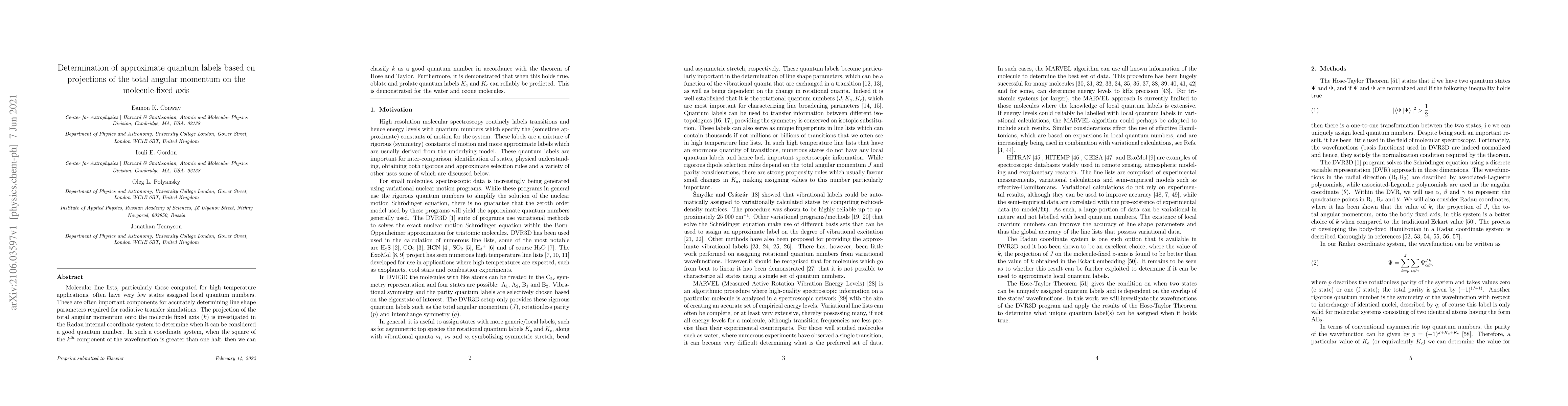 Thumbnail for Determination of approximate quantum labels based on projections of the
  total angular momentum on the molecule-fixed axis