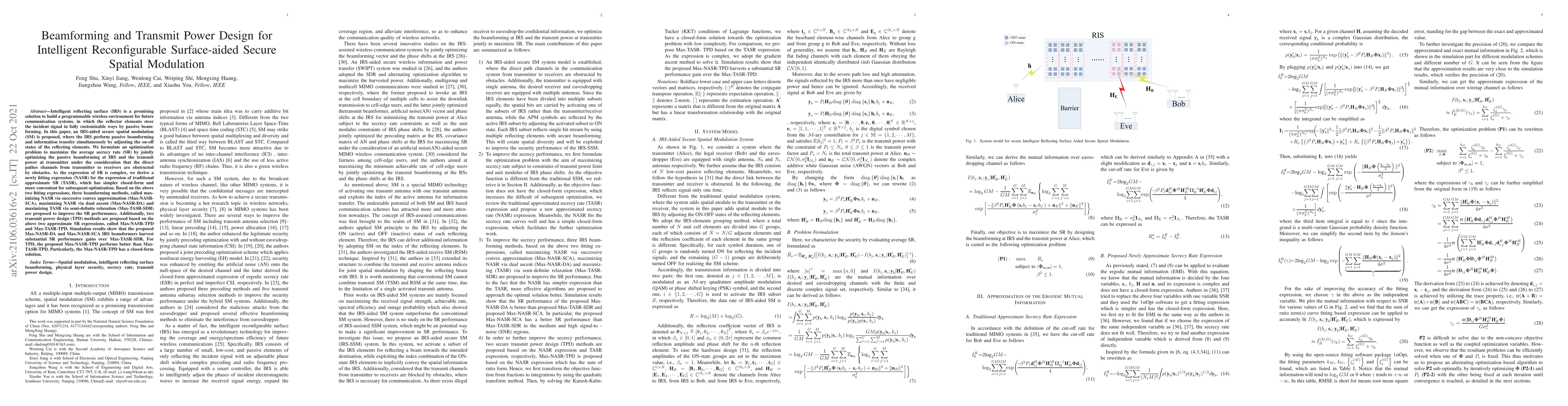 Thumbnail for Beamforming and Transmit Power Design for Intelligent Reconfigurable
  Surface-aided Secure Spatial Modulation