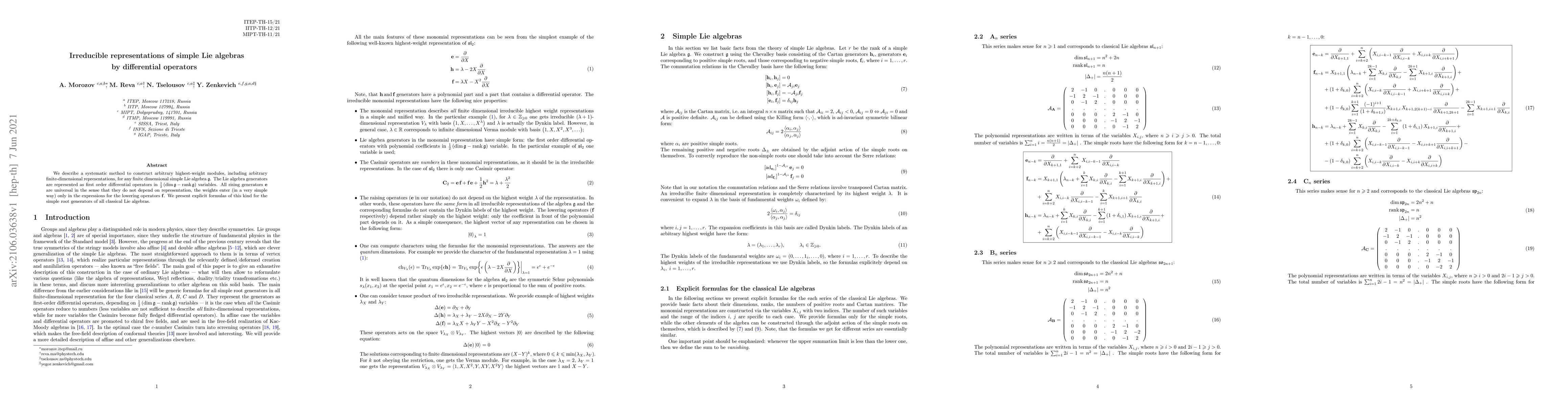 Thumbnail for Irreducible representations of simple Lie algebras by differential
  operators