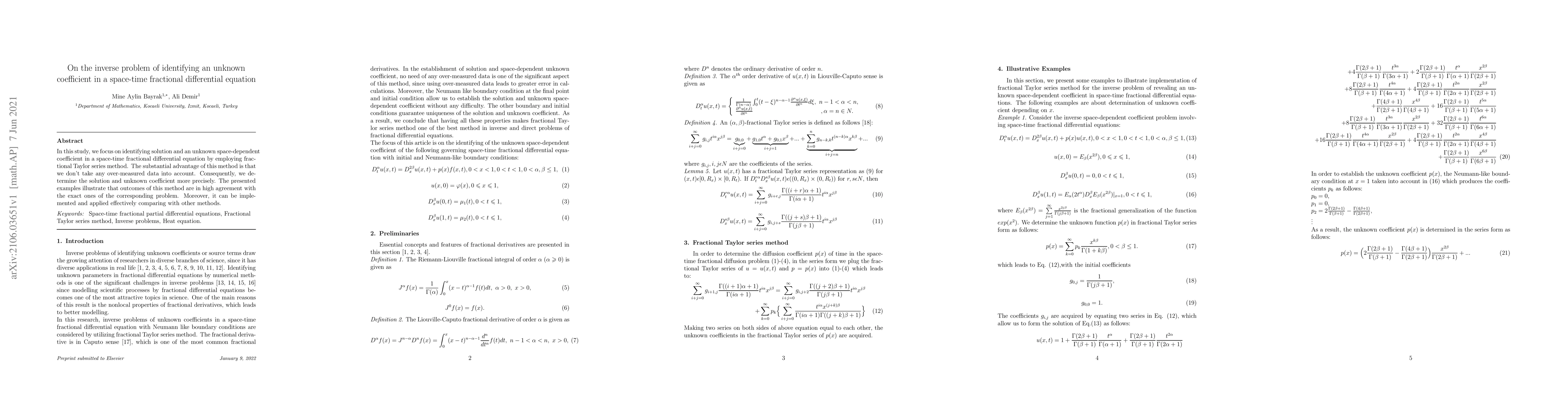 Thumbnail for On the inverse problem of identifying an unknown coefficient in a
  space-time fractional differential equation