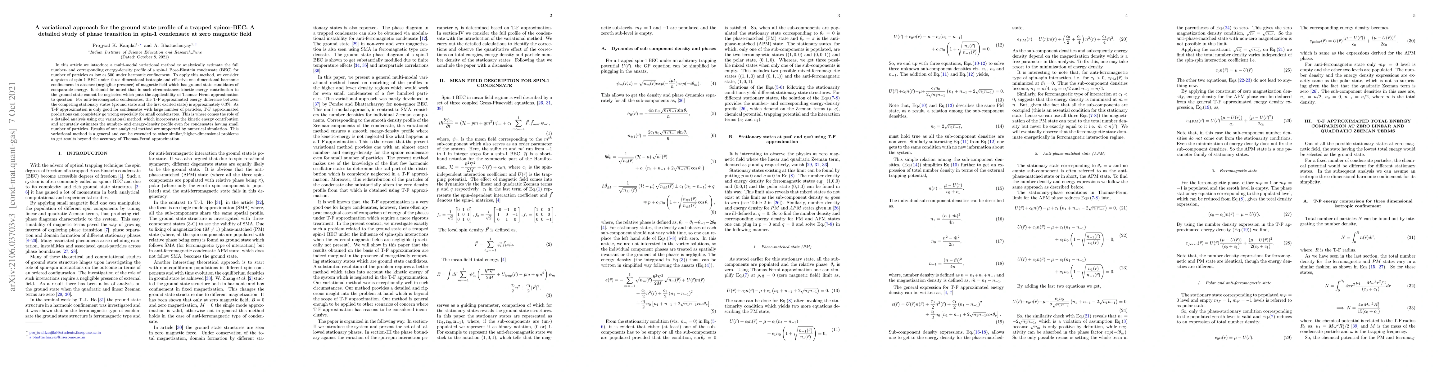 Thumbnail for A variational approach for the ground state profile of a trapped
  spinor-BEC: A detailed study of phase transition in spin-1 condensate at zero
  magnetic field