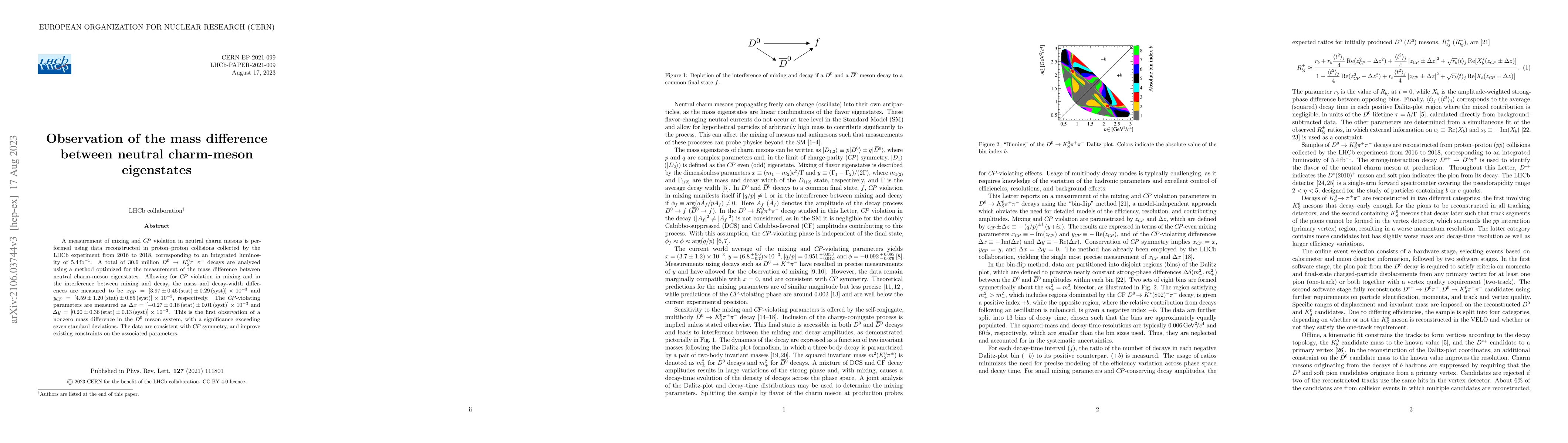 Thumbnail for Observation of the mass difference between neutral charm-meson
  eigenstates