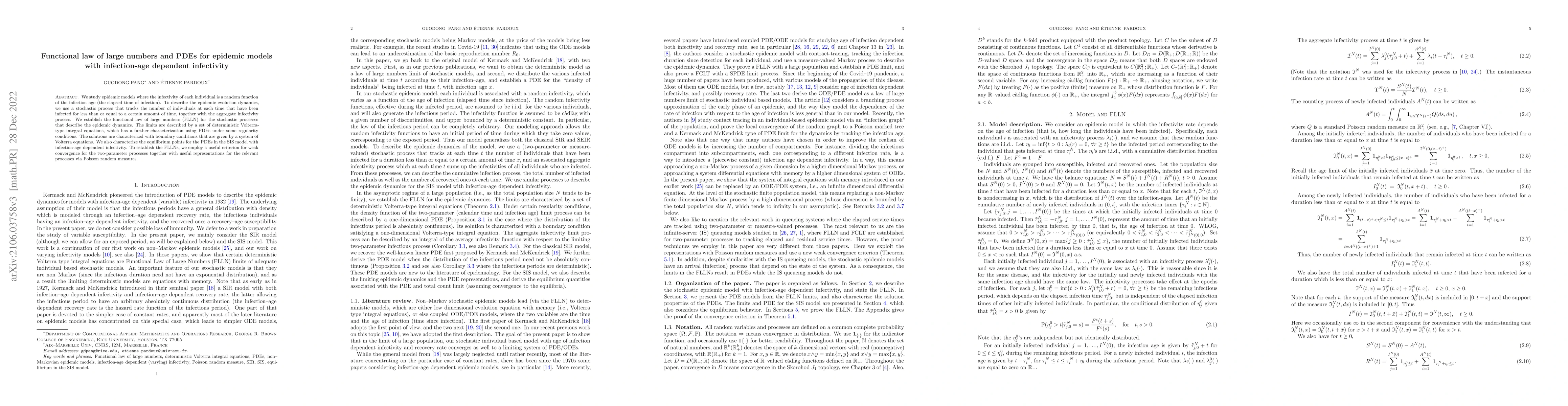 Thumbnail for Functional law of large numbers and PDEs for epidemic models with
  infection-age dependent infectivity