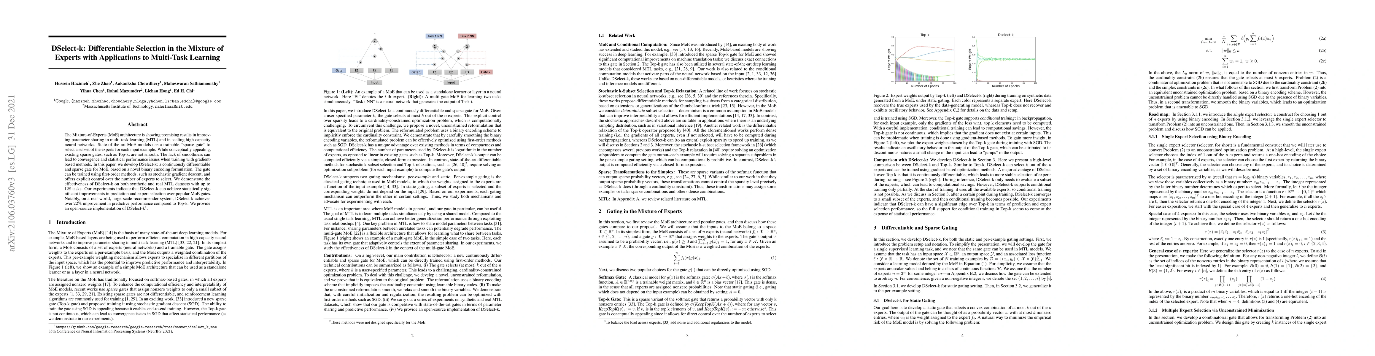 Thumbnail for DSelect-k: Differentiable Selection in the Mixture of Experts with
  Applications to Multi-Task Learning