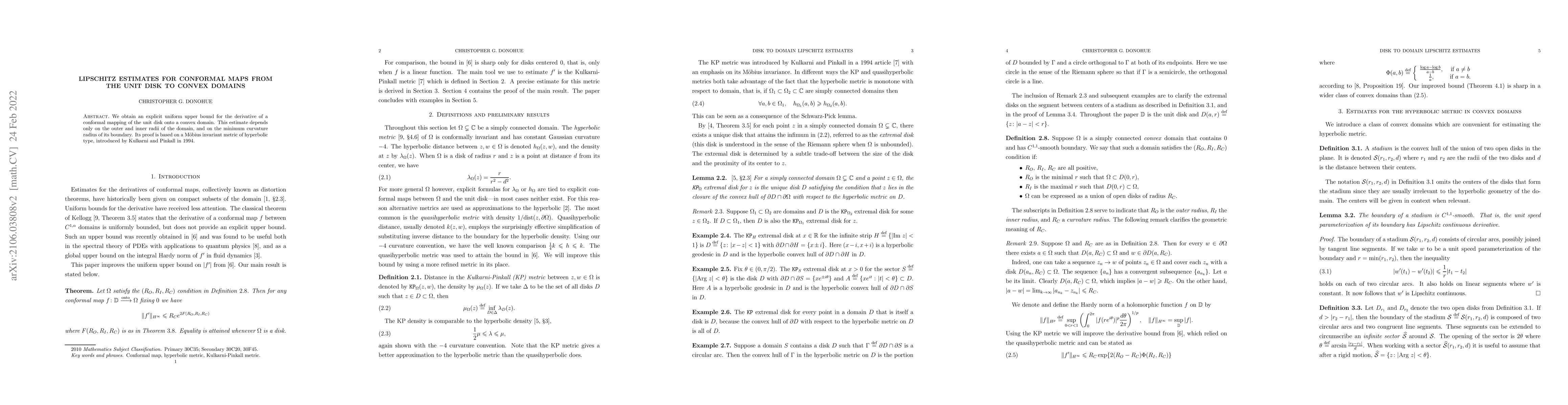 Thumbnail for Lipschitz Estimates for Conformal Maps from the Unit Disk to Convex
  Domains