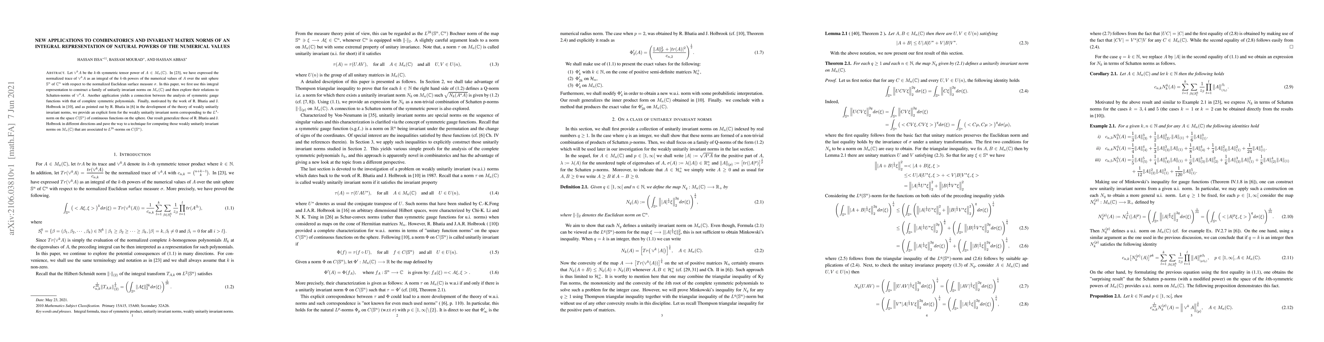 Thumbnail for New applications to combinatorics and invariant matrix norms of an
  integral representation of natural powers of the numerical values