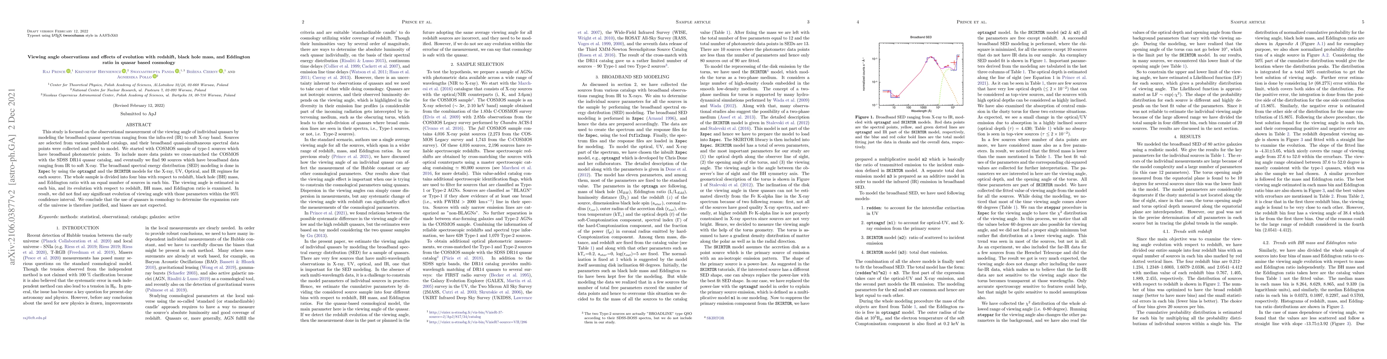 Thumbnail for Viewing angle observations and effects of evolution with redshift, black
  hole mass, and Eddington ratio in quasar based cosmology