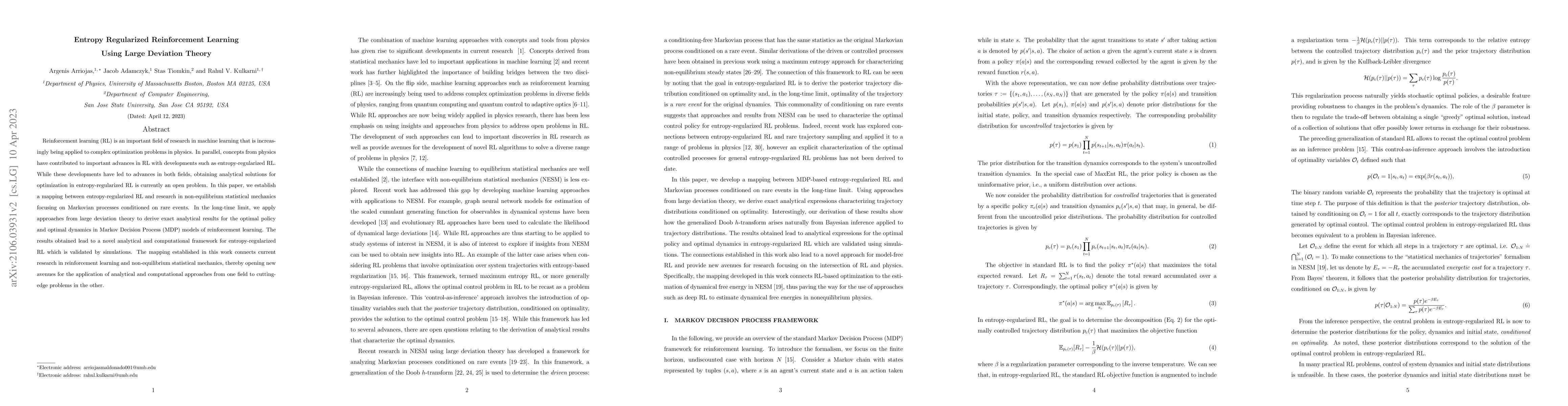 Thumbnail for Entropy Regularized Reinforcement Learning Using Large Deviation Theory