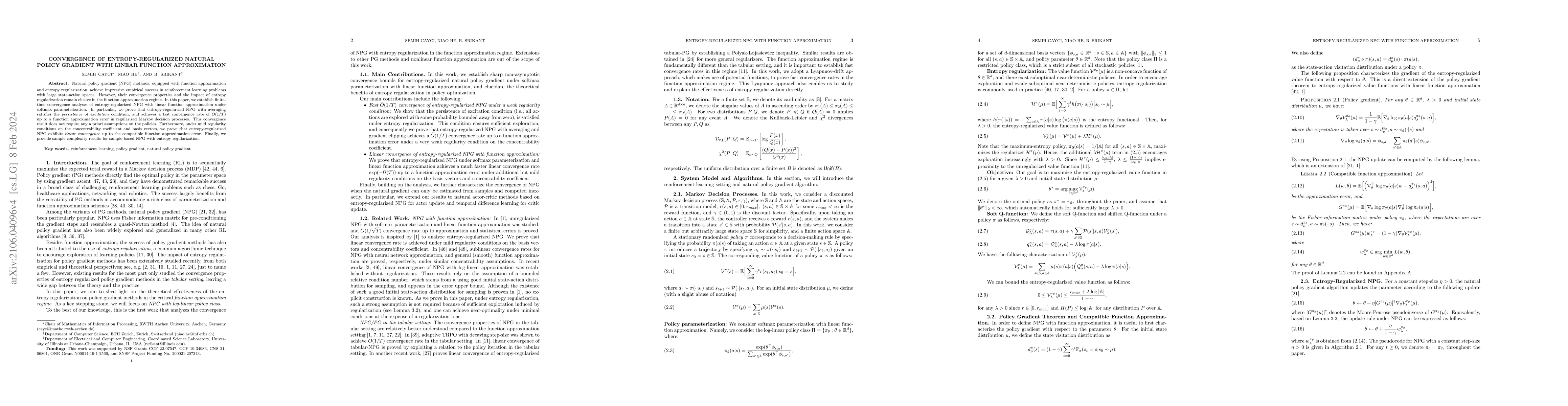 Thumbnail for Linear Convergence of Entropy-Regularized Natural Policy Gradient with
  Linear Function Approximation