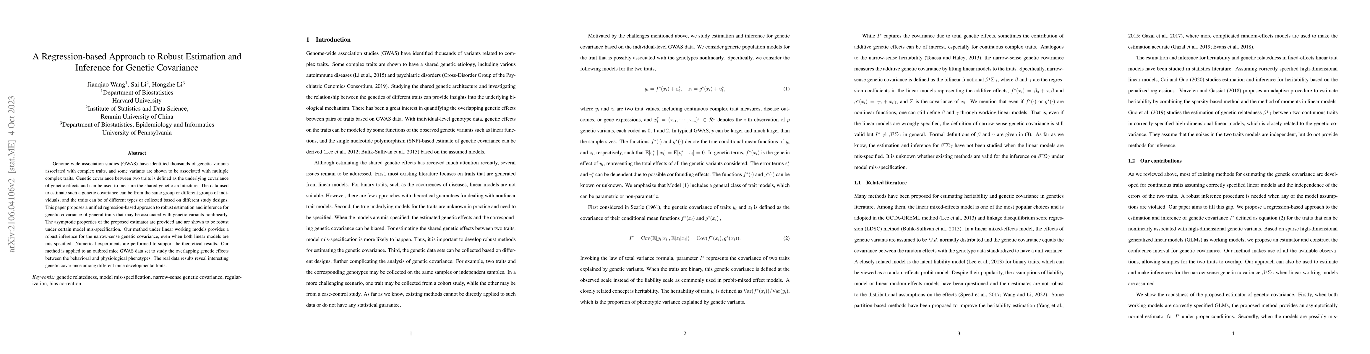Thumbnail for A Regression-based Approach to Robust Estimation and Inference for
  Genetic Covariance