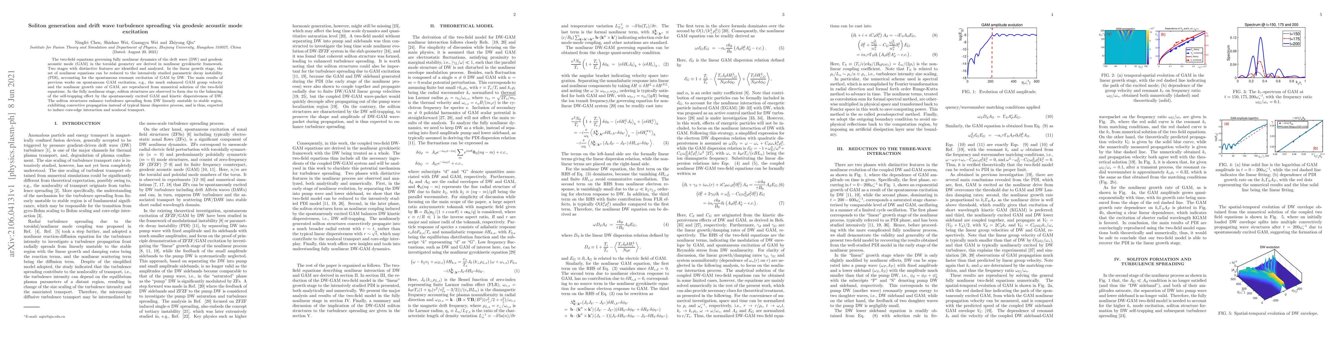 Thumbnail for Soliton generation and drift wave turbulence spreading via geodesic
  acoustic mode excitation