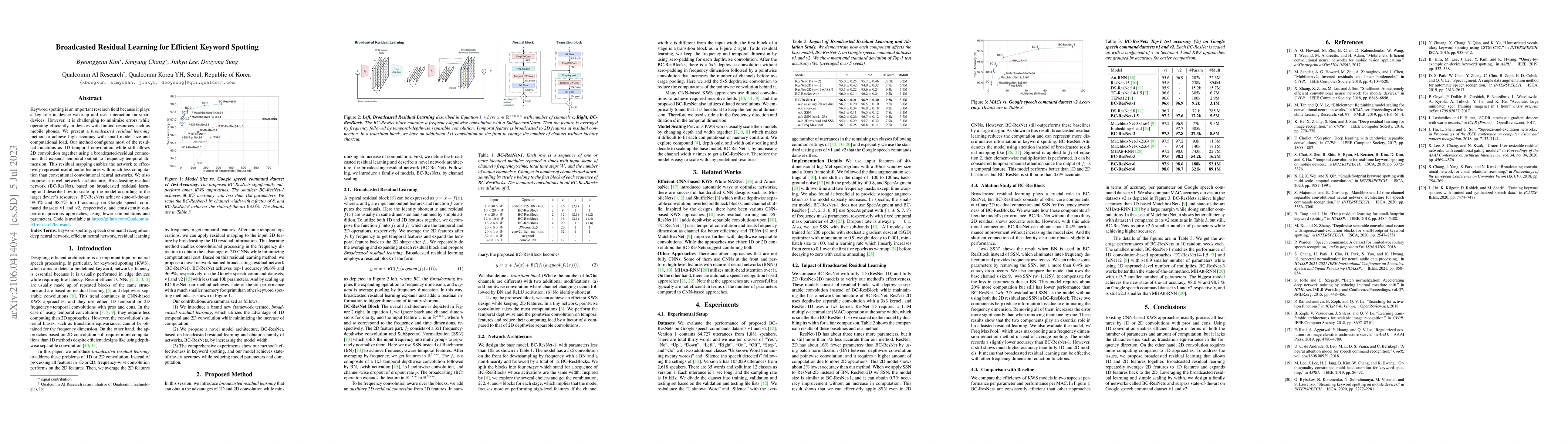 Thumbnail for Broadcasted Residual Learning for Efficient Keyword Spotting