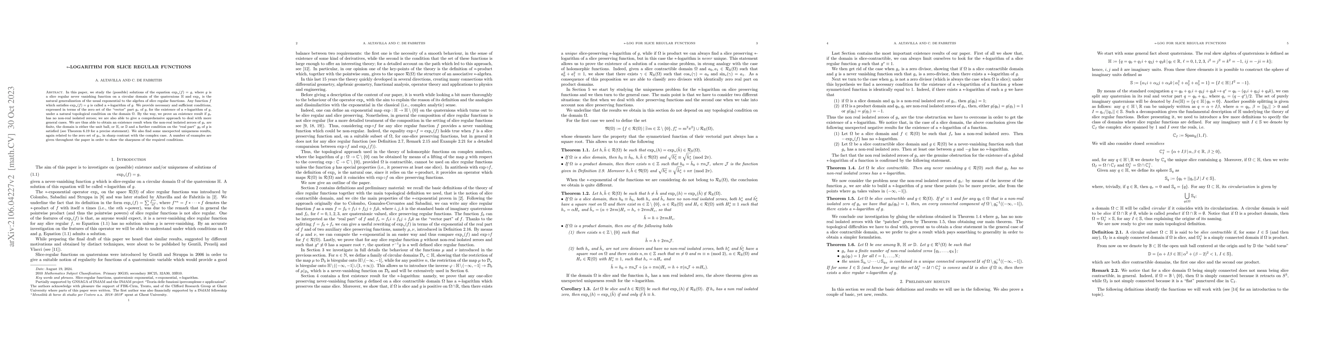 Thumbnail for $*$-Logarithm for Slice Regular Functions