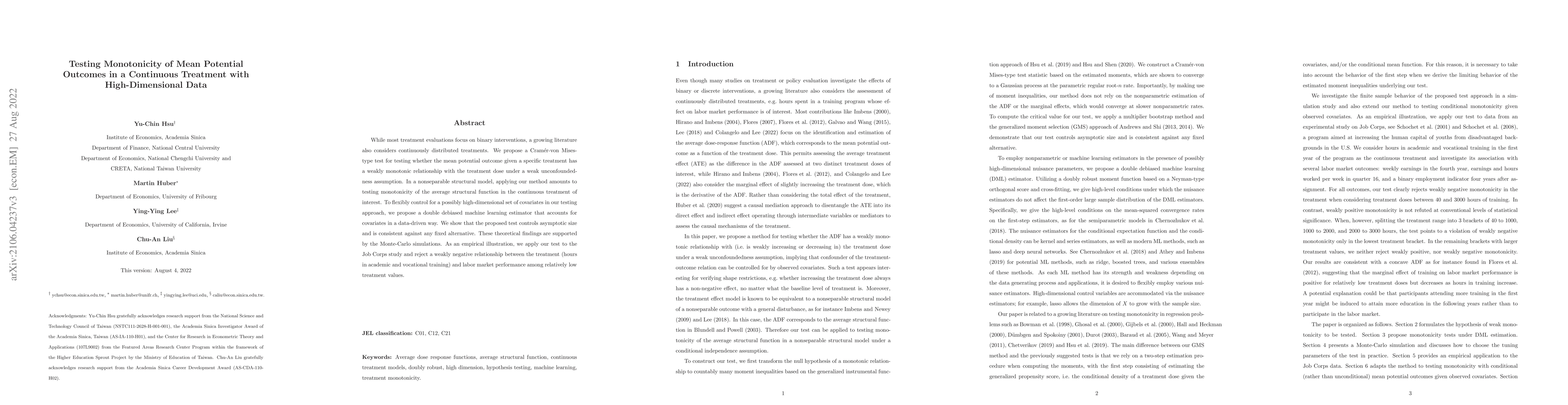 Thumbnail for Testing Monotonicity of Mean Potential Outcomes in a Continuous
  Treatment with High-Dimensional Data