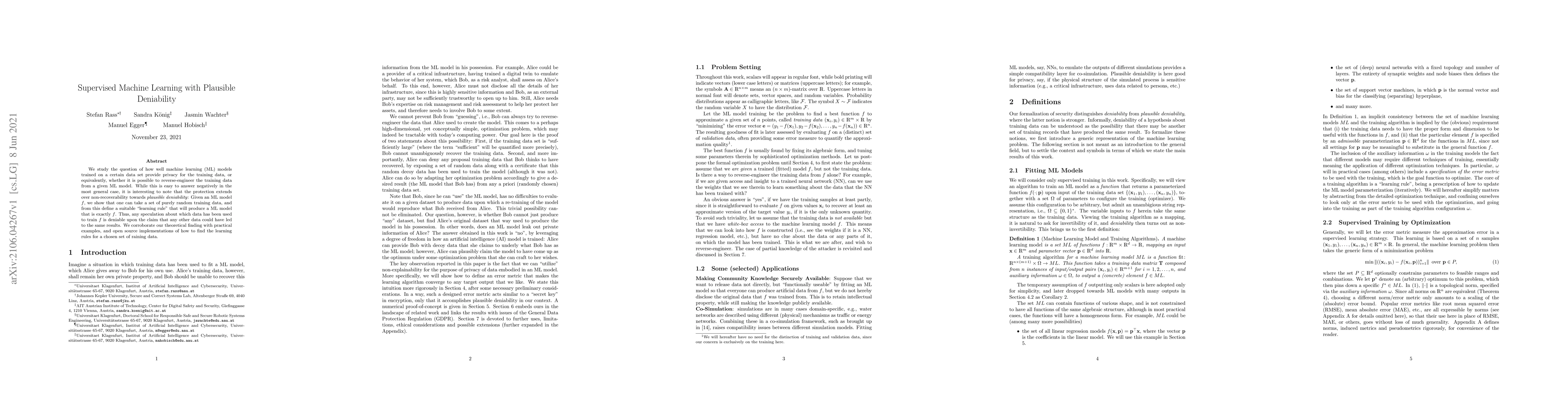 Thumbnail for Supervised Machine Learning with Plausible Deniability
