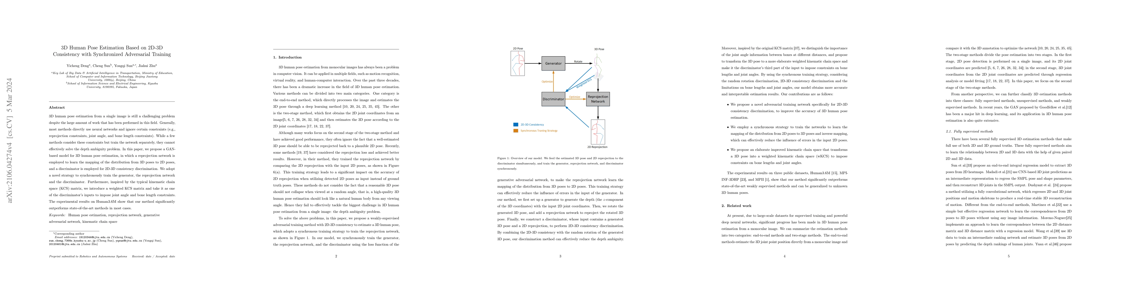 Thumbnail for 3D Human Pose Estimation Based on 2D-3D Consistency with Synchronized
  Adversarial Training
