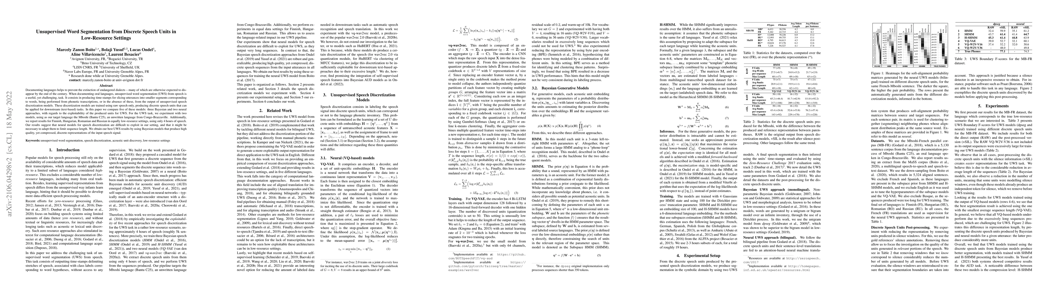 Thumbnail for Unsupervised Word Segmentation from Discrete Speech Units in
  Low-Resource Settings