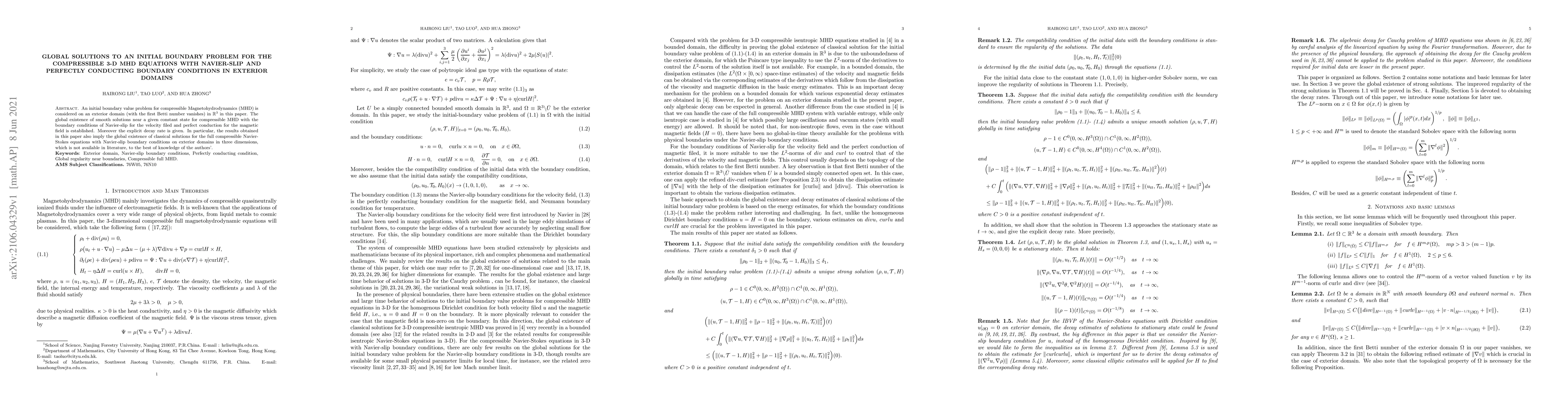 Thumbnail for Global Solutions to an initial boundary problem for the compressible 3-D
  MHD equations with Navier-slip and perfectly conducting boundary conditions
  in exterior domains