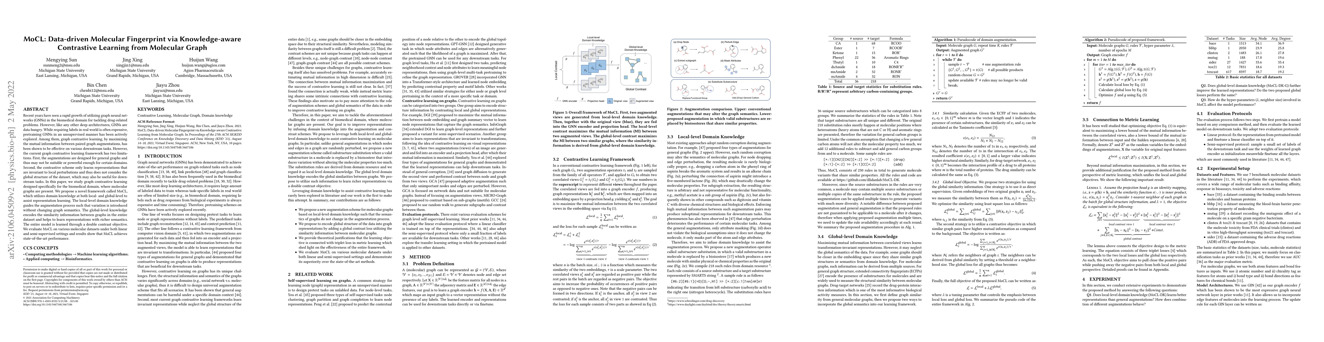 Thumbnail for MoCL: Data-driven Molecular Fingerprint via Knowledge-aware Contrastive
  Learning from Molecular Graph
