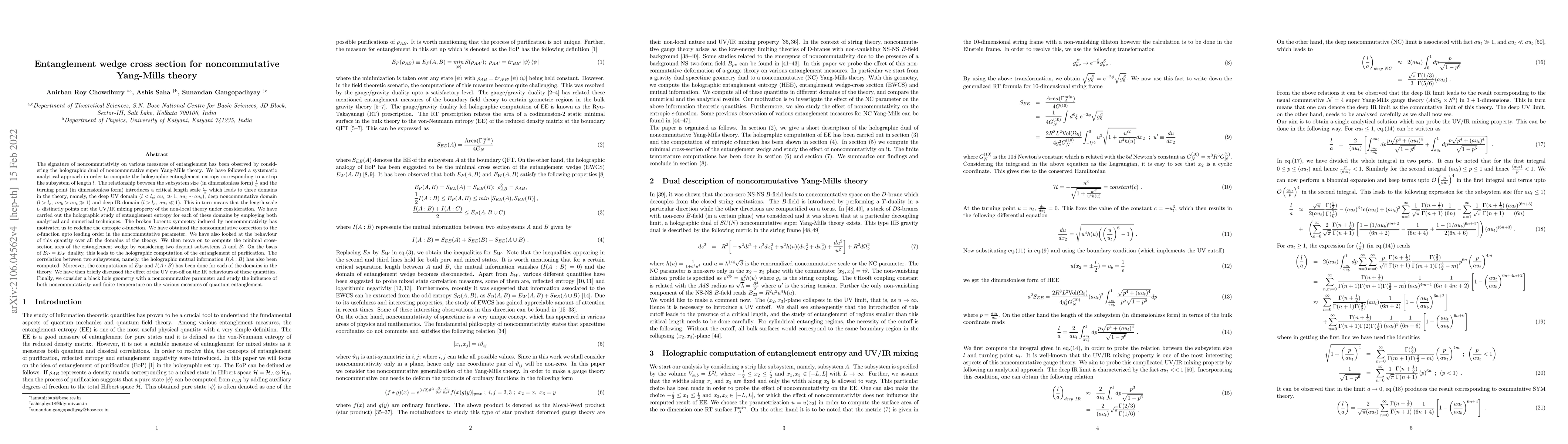 Thumbnail for Entanglement wedge cross section for noncommutative Yang-Mills theory