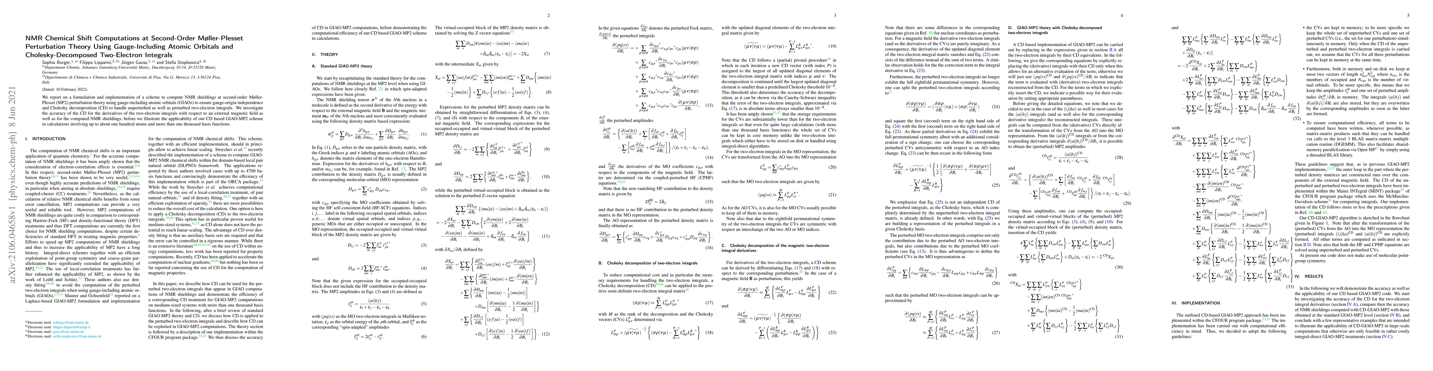 Thumbnail for NMR Chemical Shift Computations at Second-Order M{\o}ller-Plesset
  Perturbation Theory Using Gauge-Including Atomic Orbitals and
  Cholesky-Decomposed Two-Electron Integrals