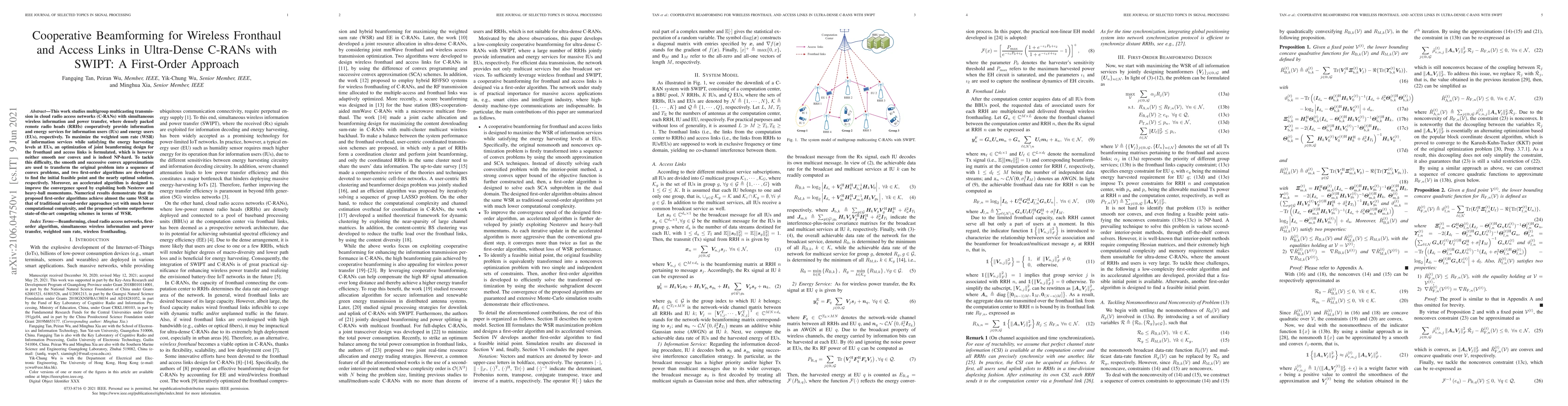 Thumbnail for Cooperative Beamforming for Wireless Fronthaul and Access Links in
  Ultra-Dense C-RANs with SWIPT: A First-Order Approach