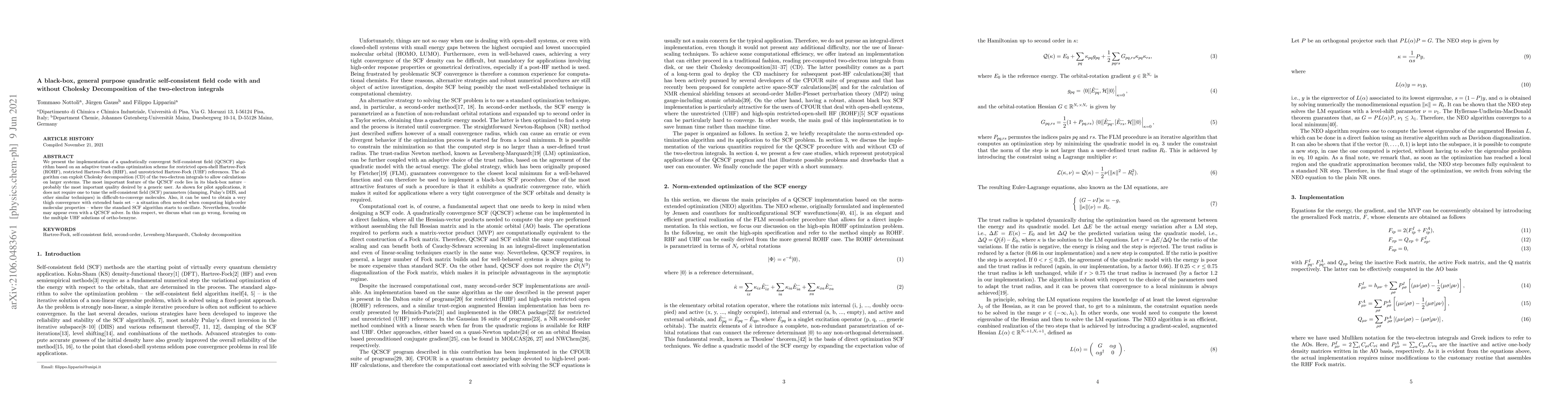 Thumbnail for A black-box, general purpose quadratic self-consistent field code with
  and without Cholesky Decomposition of the two-electron integrals