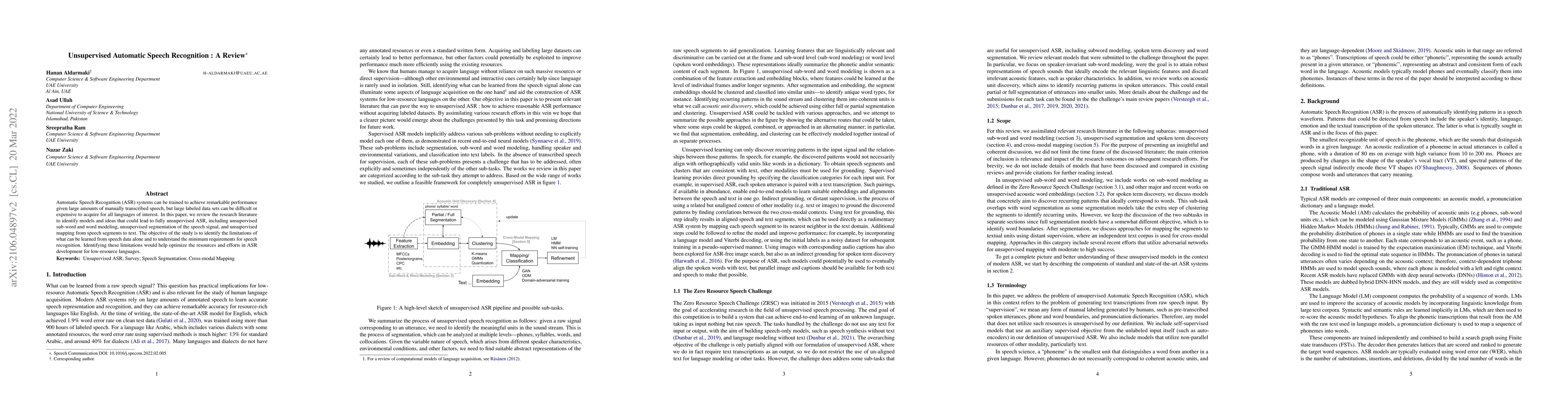 Thumbnail for Unsupervised Automatic Speech Recognition: A Review