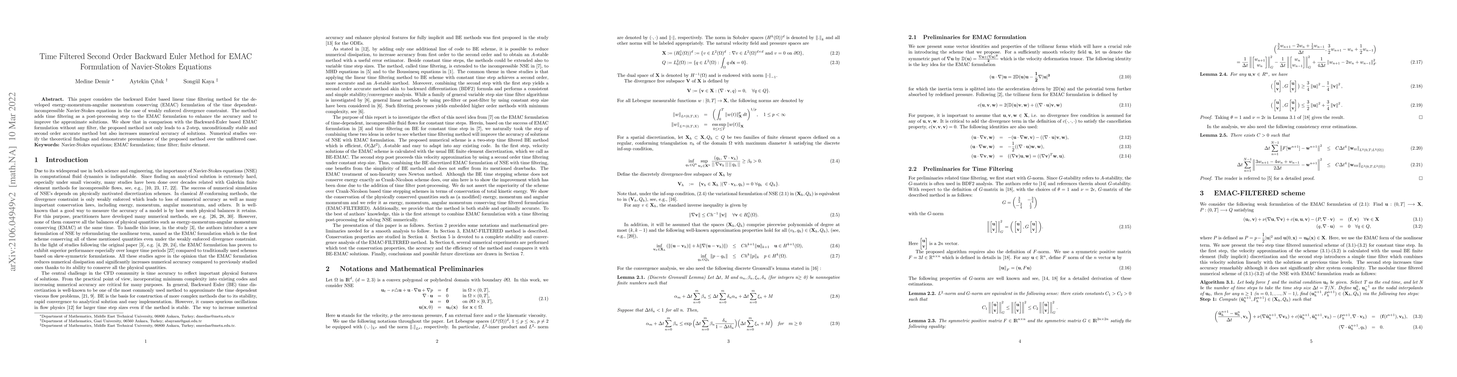 Thumbnail for On the Analysis of the Second Order Time Filtered Backward Euler Method
  for the EMAC formulation of Navier-Stokes Equations