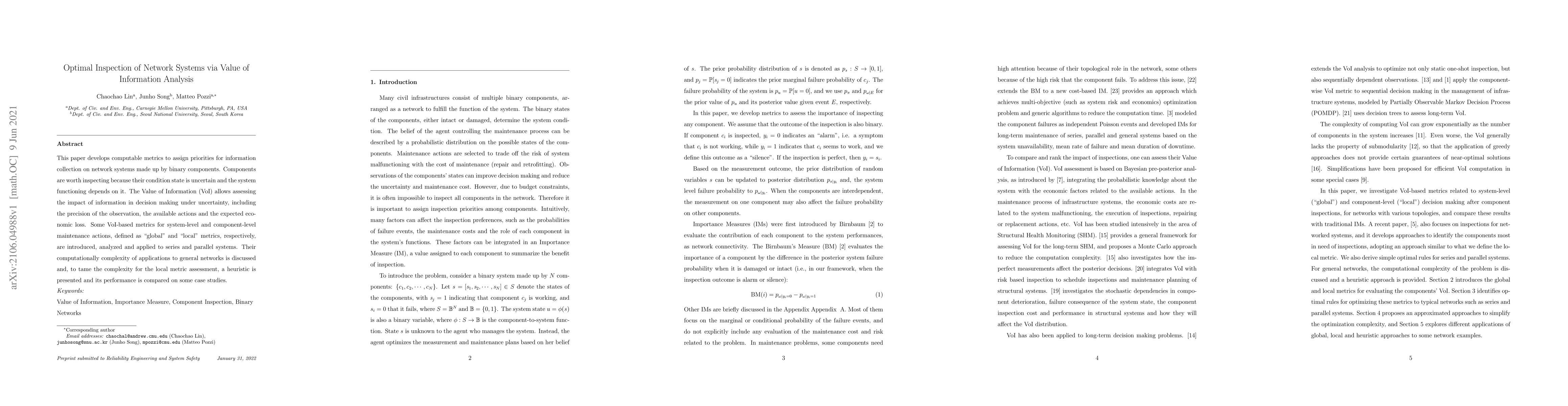 Thumbnail for Optimal Inspection of Network Systems via Value of Information Analysis