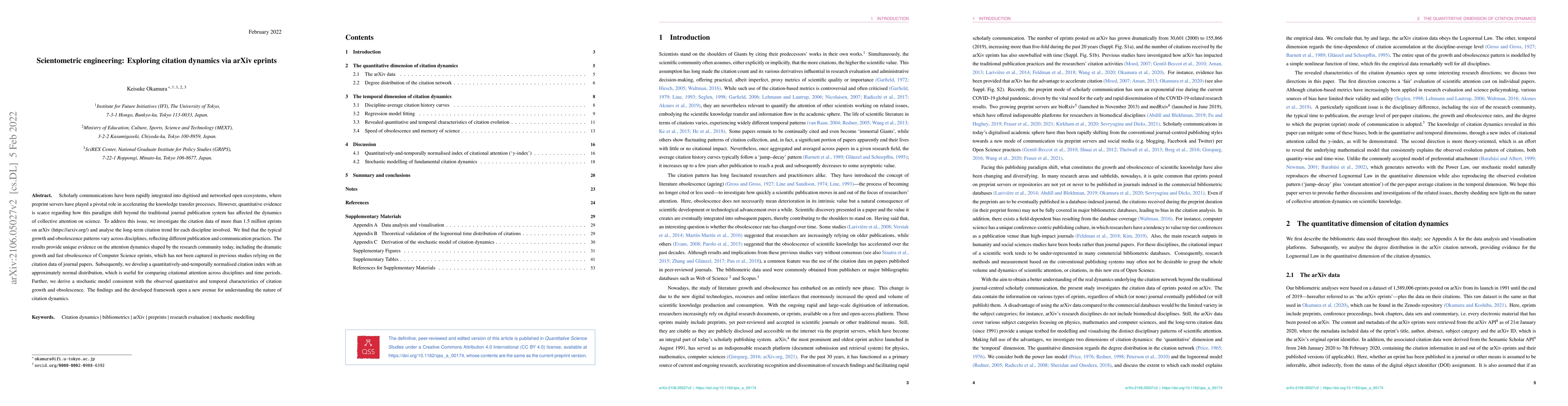 Thumbnail for Scientometric engineering: Exploring citation dynamics via arXiv eprints
