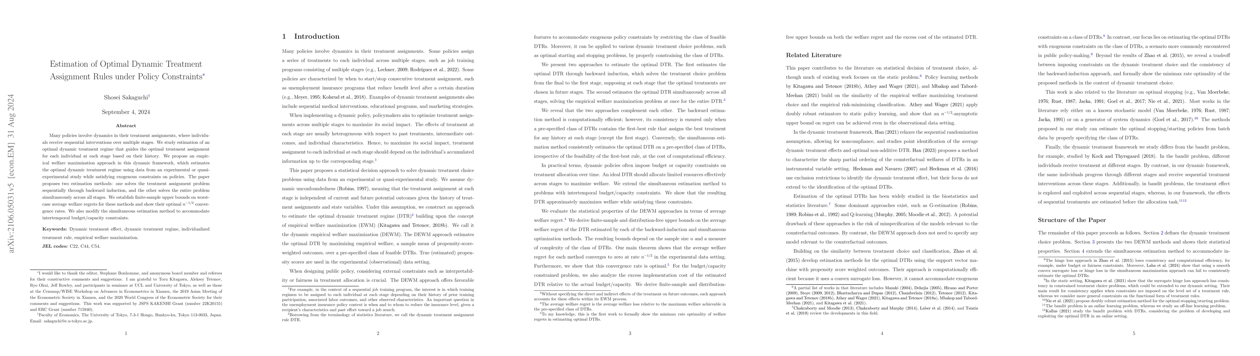 Thumbnail for Estimation of Optimal Dynamic Treatment Assignment Rules under Policy
  Constraints