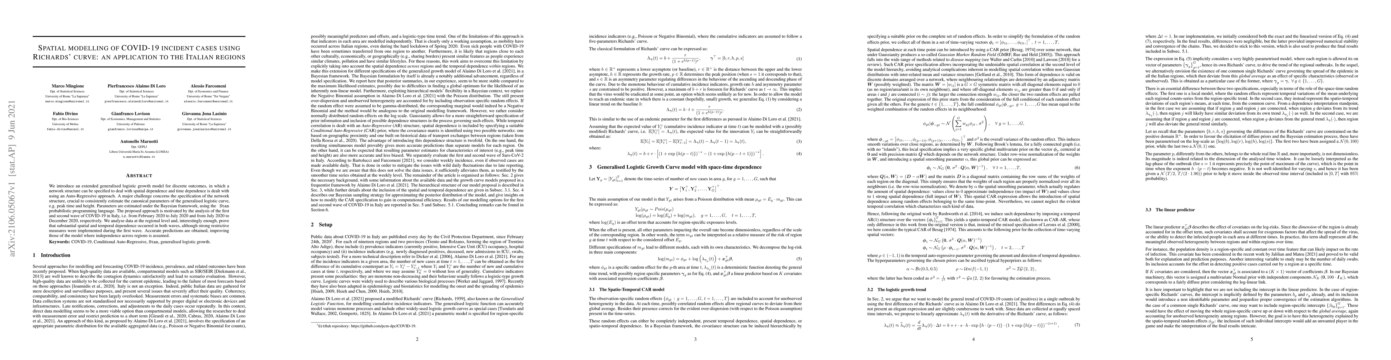Thumbnail for Spatial modelling of COVID-19 incident cases using Richards' curve: an
  application to the Italian regions