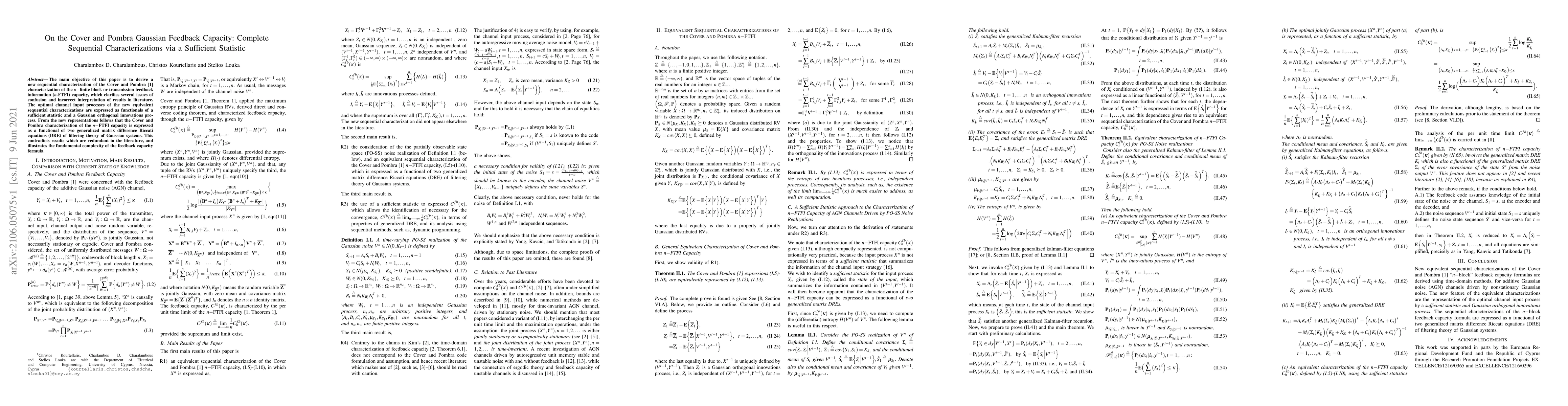 Thumbnail for On the Cover and Pombra Gaussian Feedback Capacity: Complete Sequential
  Characterizations via a Sufficient Statistic