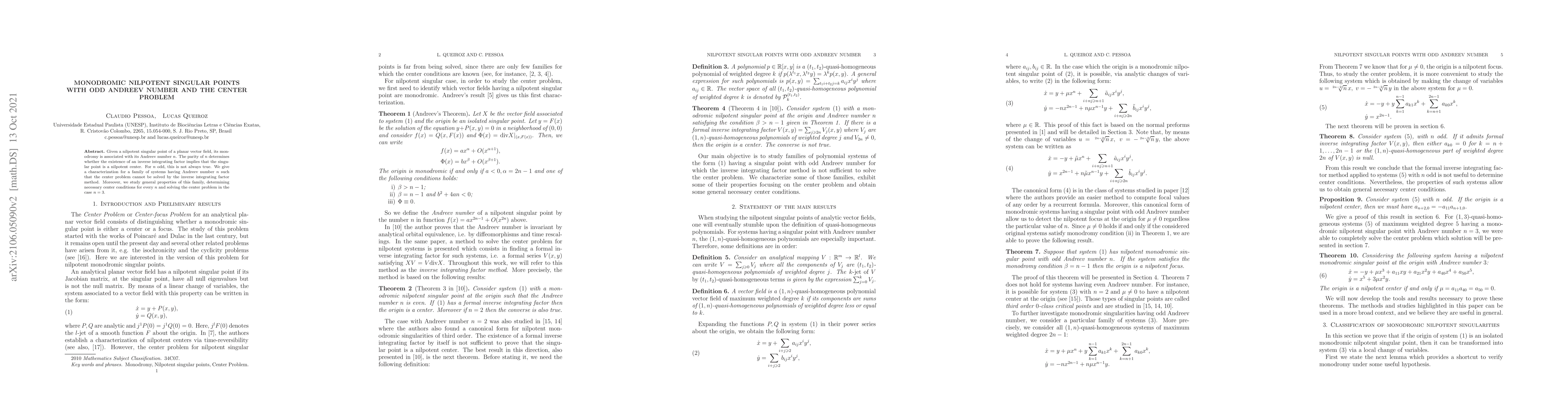 Thumbnail for Monodromic nilpotent singular points with odd Andreev number and the
  center problem