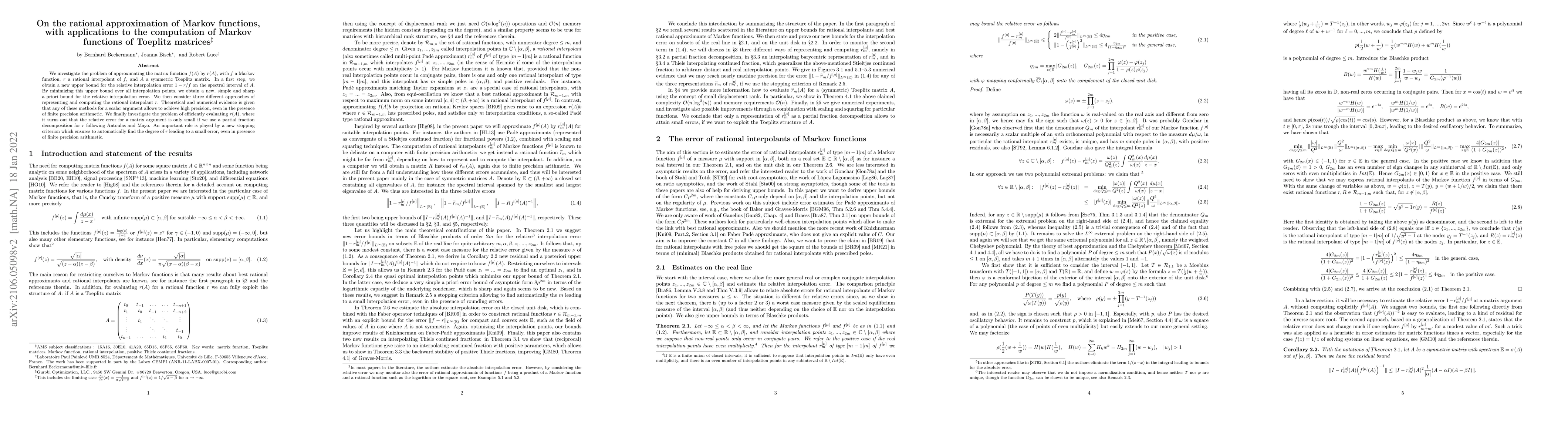 Thumbnail for On the rational approximation of Markov functions,with applications to
  the computation of Markovfunctions of Toeplitz matrices