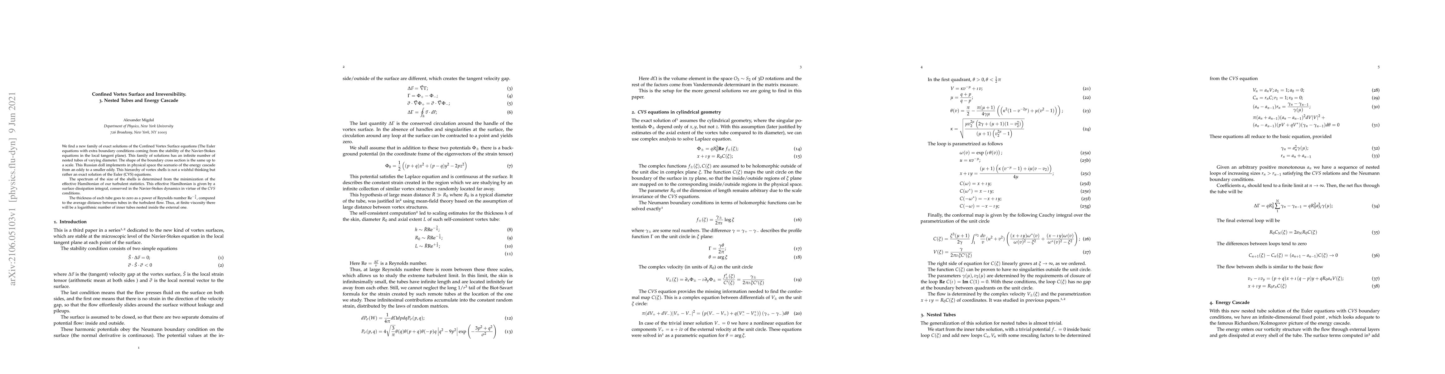 Thumbnail for Confined Vortex Surface and Irreversibility. 3. Nested Tubes and Energy
  Cascade