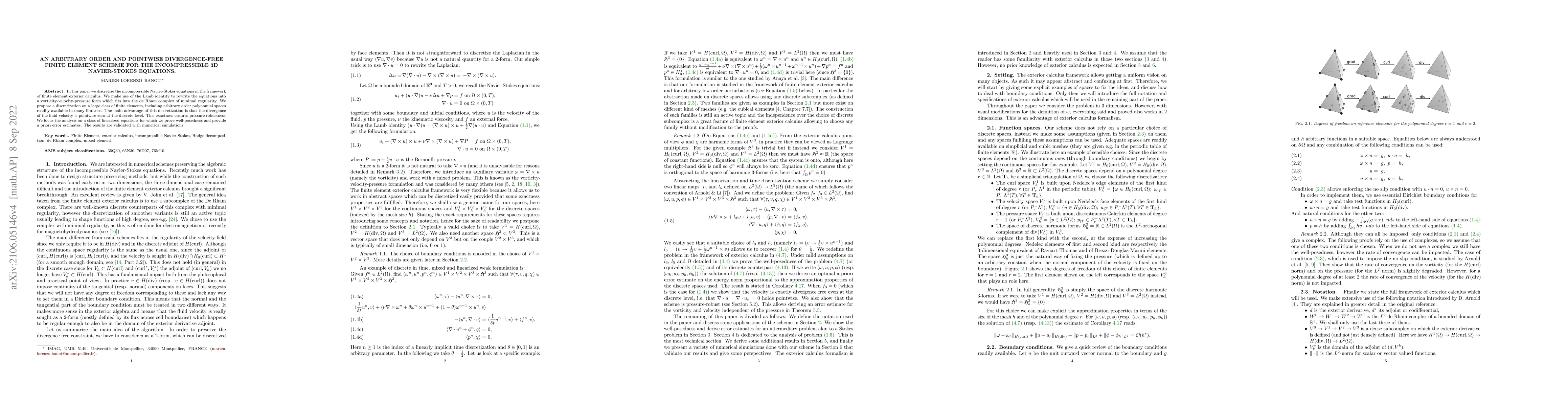 Thumbnail for An arbitrary order and pointwise divergence-free finite element scheme
  for the incompressible 3D Navier-Stokes equations