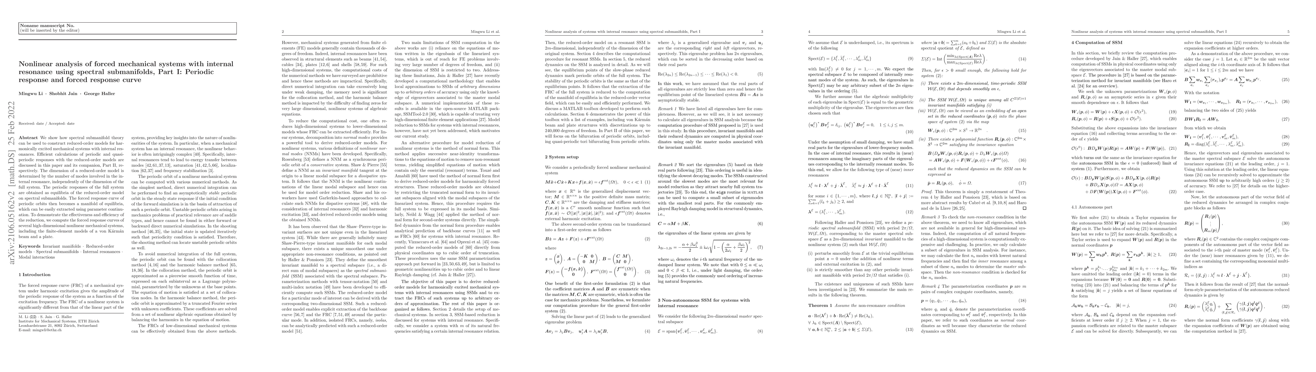 Thumbnail for Nonlinear analysis of forced mechanical systems with internal resonance
  using spectral submanifolds, Part I: Periodic response and forced response
  curve