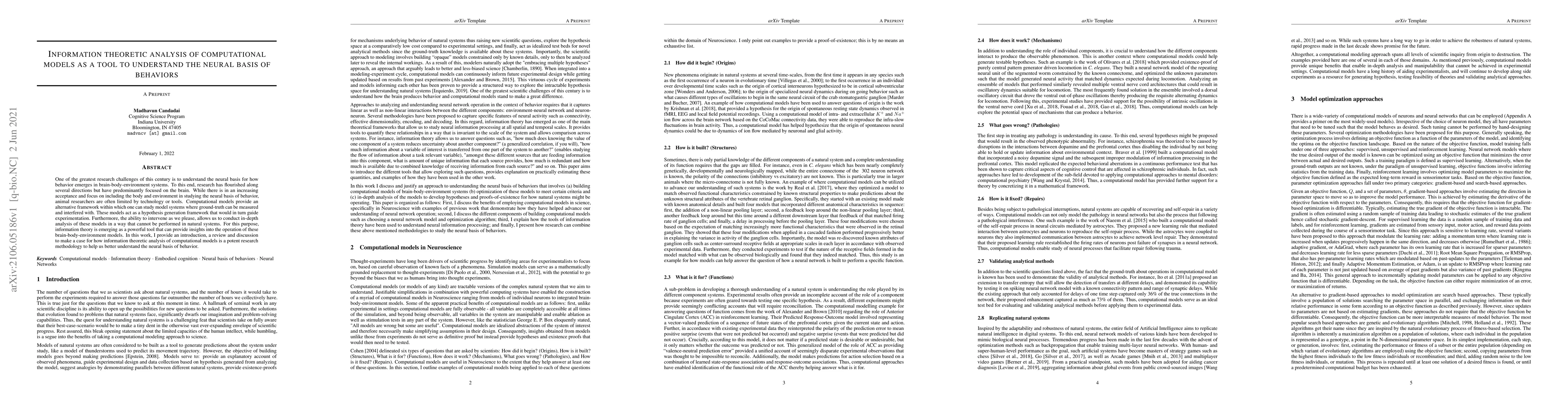 Thumbnail for Information theoretic analysis of computational models as a tool to
  understand the neural basis of behaviors