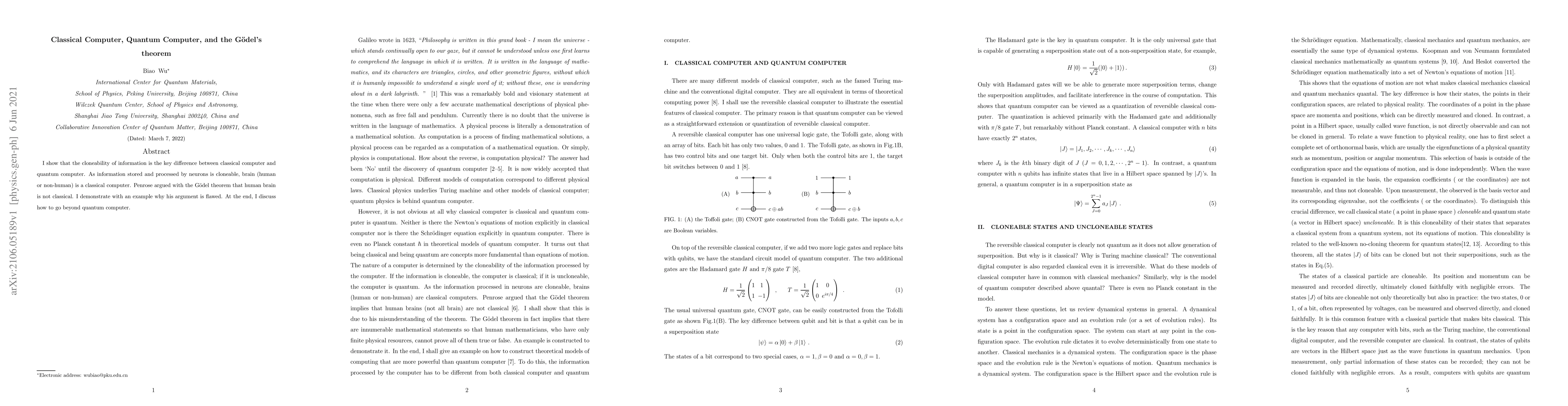 Thumbnail for Classical Computer, Quantum Computer, and the G\"odel's theorem