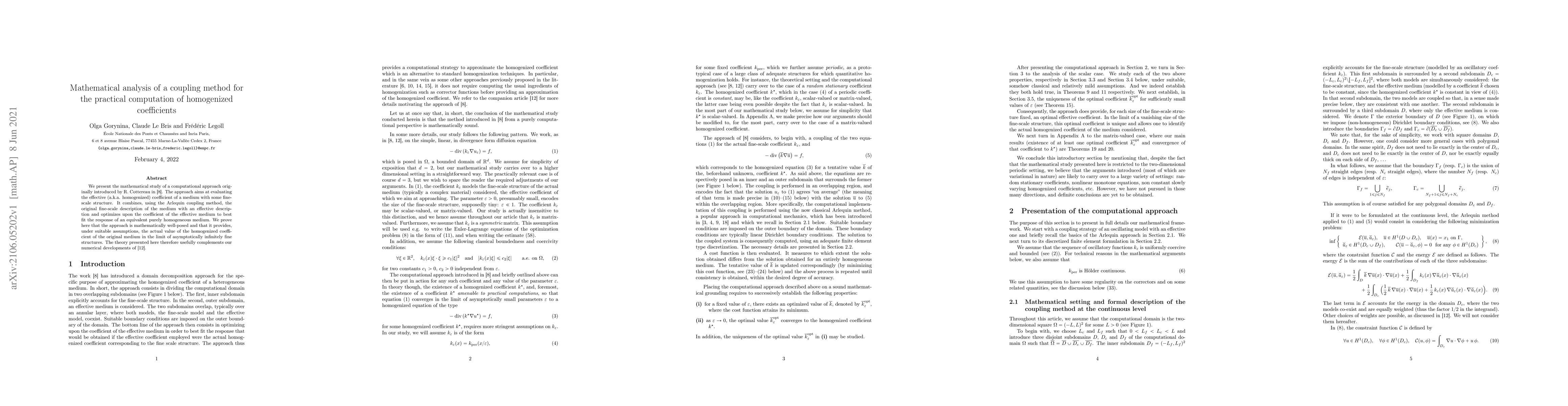Thumbnail for Mathematical analysis of a coupling method for the practical computation
  of homogenized coefficients