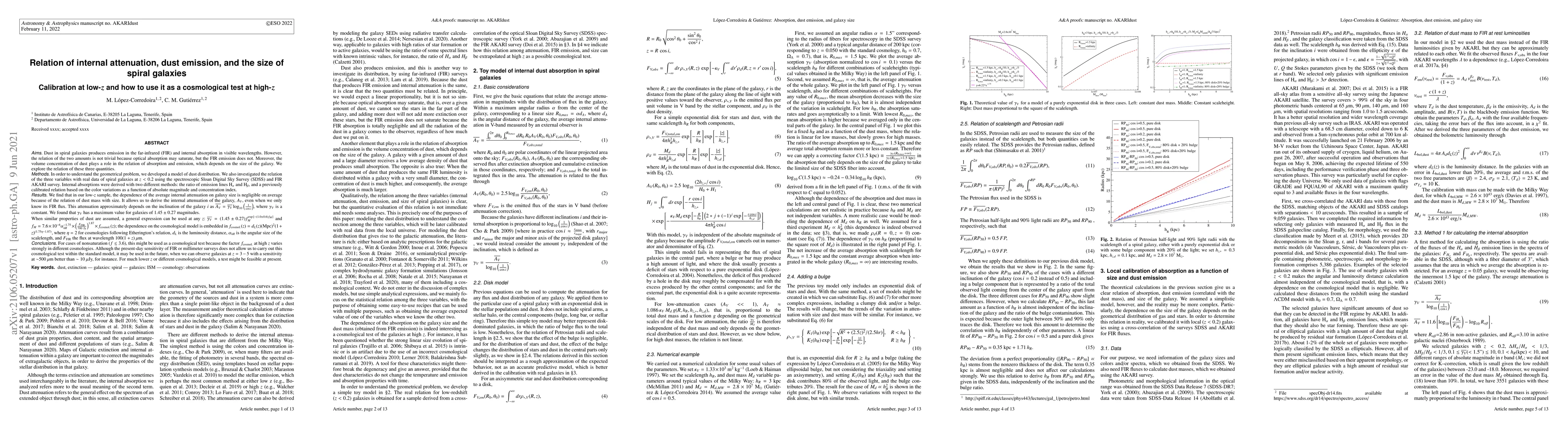 Thumbnail for Relation of internal attenuation, dust emission, and the size of spiral
  galaxies. Calibration at low-z and how to use it as a cosmological test at
  high-z