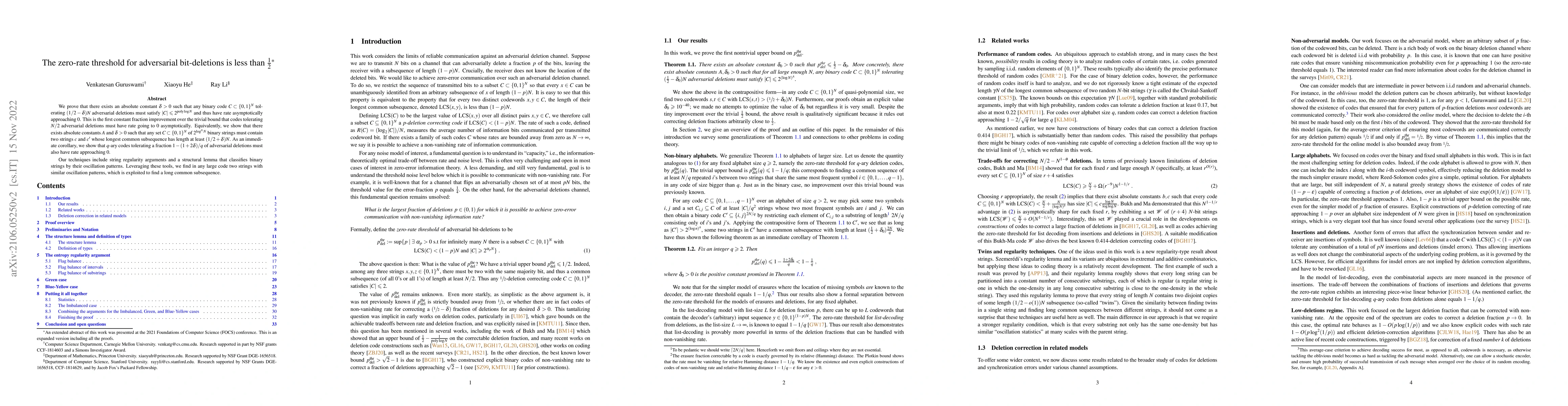 Thumbnail for The zero-rate threshold for adversarial bit-deletions is less than 1/2