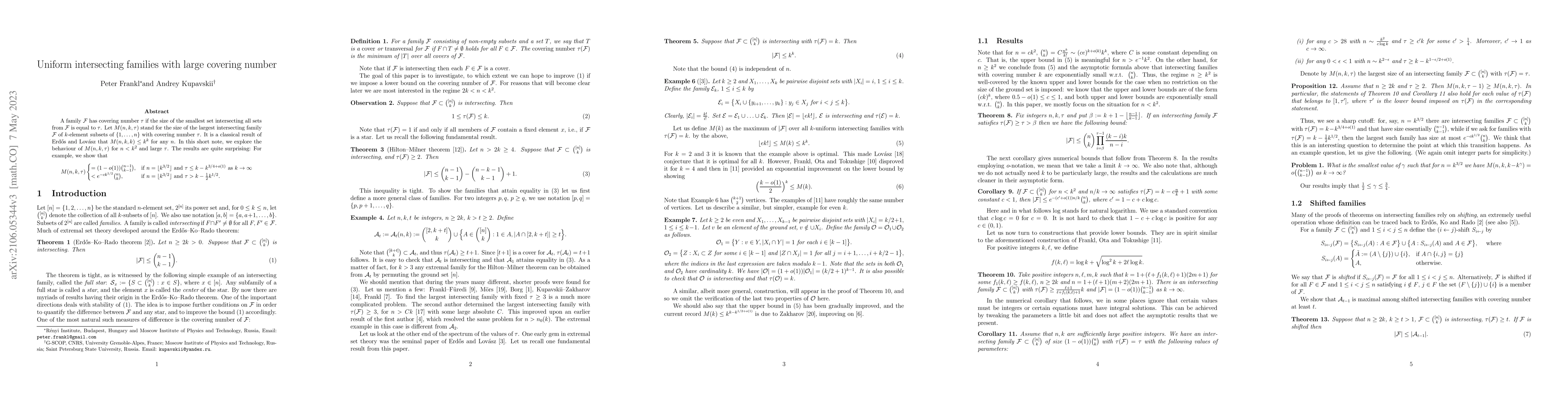 Thumbnail for Uniform intersecting families with large covering number