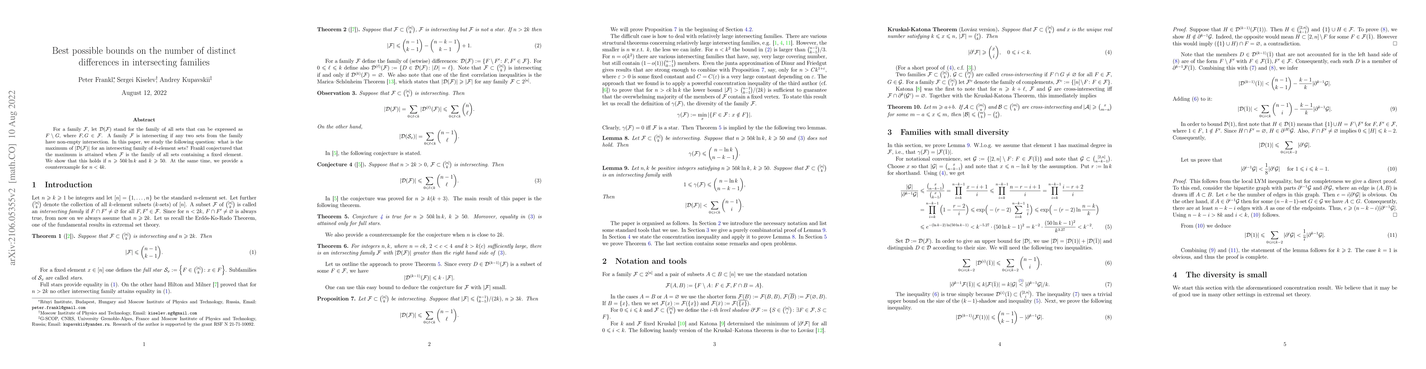 Thumbnail for Best possible bounds on the number of distinct differences in
  intersecting families